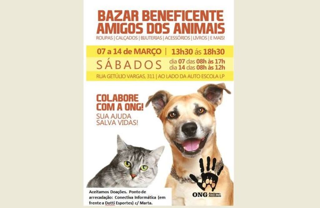 ONG Amigos dos Animais promove Bazar Beneficente