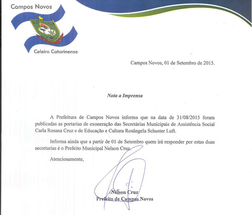Prefeito de Campos Novos demite a esposa e a do vice após denúncia de nepotismo