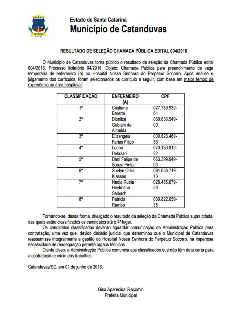 Prefeitura de Catanduvas divulga resultado de Seleção de Chamada Pública