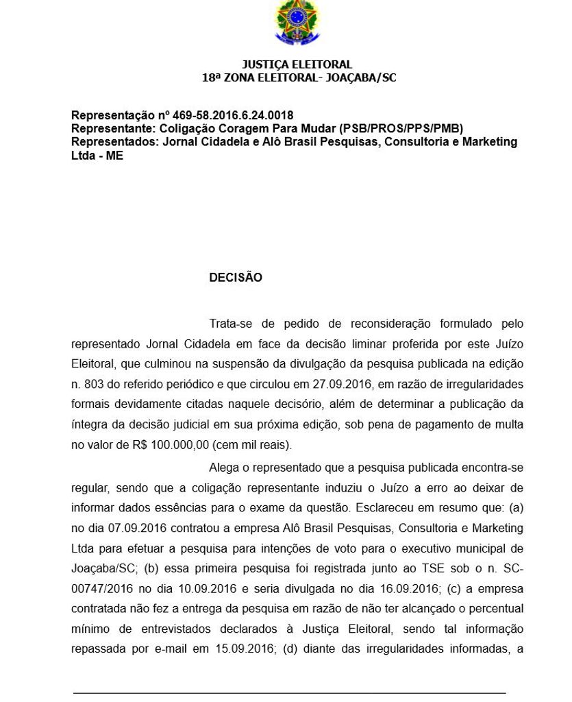 Justiça Eleitoral mantém decisão que suspendeu pesquisa em Joaçaba