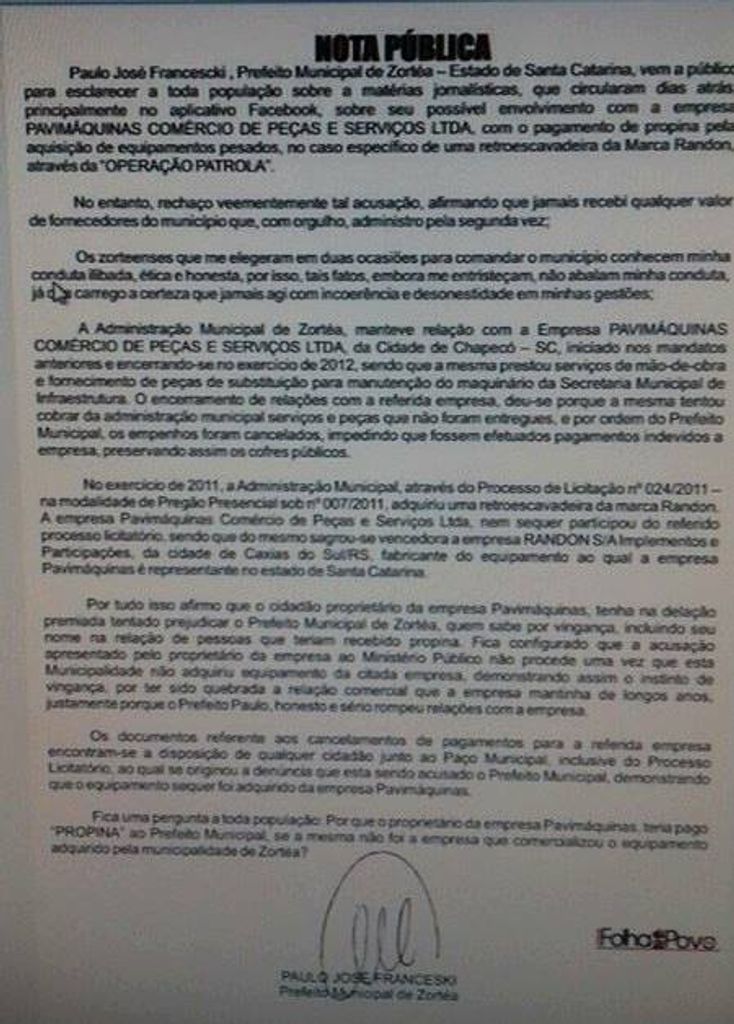 Prefeito de Zortéa emite nota sobre a Operação Patrola