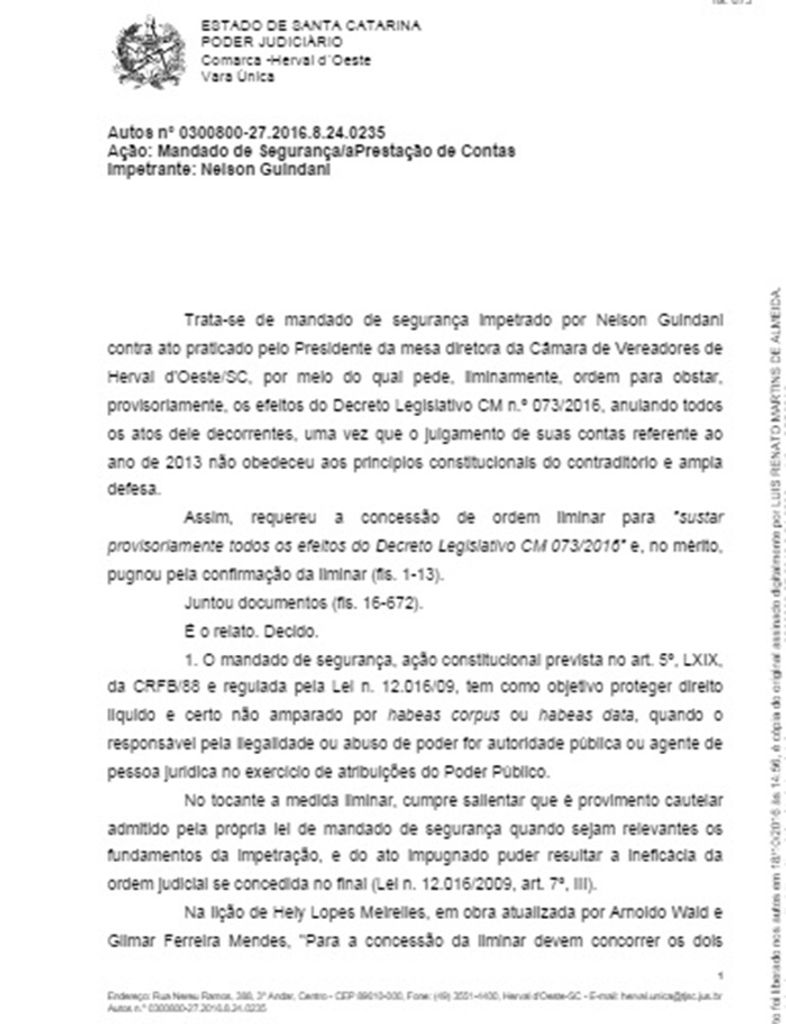 Suspenso o decreto que reprova as contas do Prefeito Nelson Guindani no ano de 2013