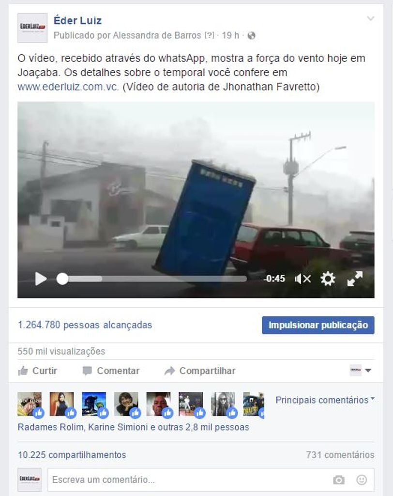 Vídeo do vendaval em Joaçaba viraliza na internet e alcança mais de 1 milhão de pessoas