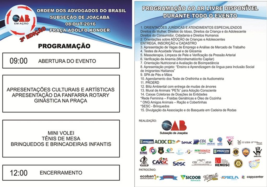 3ª Edição do OAB em Ação acontece no sábado, dia 8 de outubro
