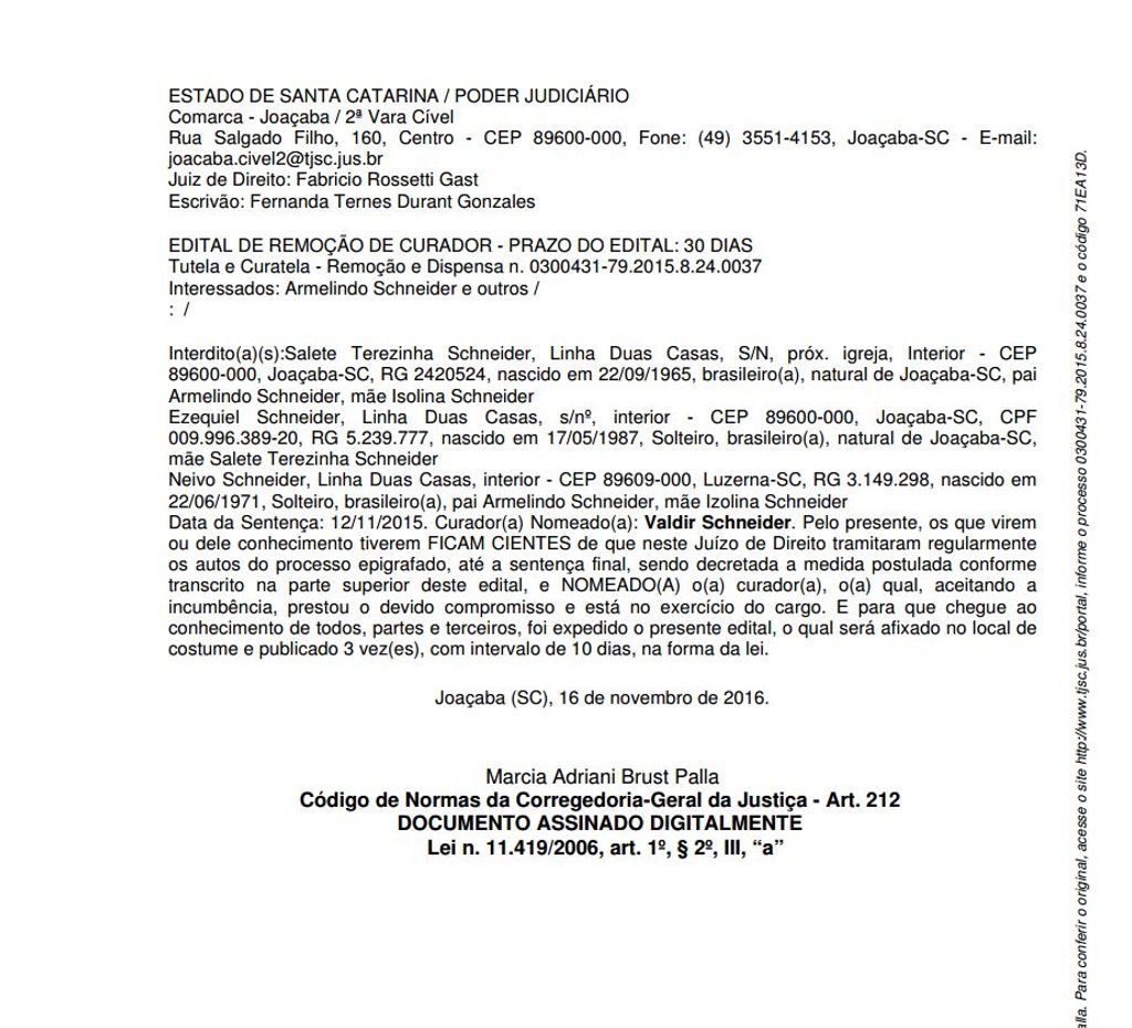 Divulgações 2ª Vara Cível de Joaçaba – Edital de Remoção de Curador