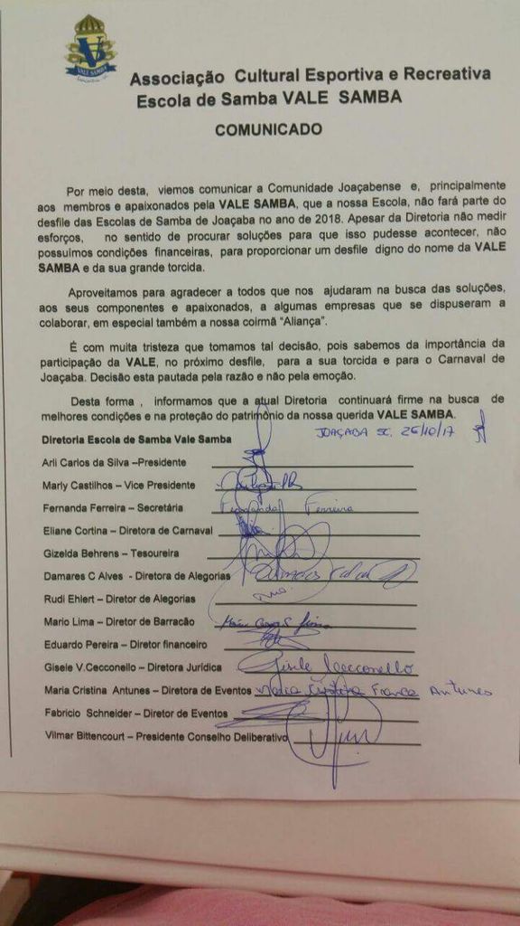 Pelo segundo ano seguido a Vale Samba está fora do Carnaval de Joaçaba