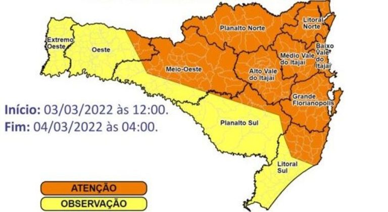SC tem novo alerta para temporais com queda de granizo, raios e rajadas de vento