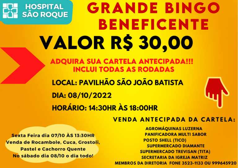 Hospital São Roque promoverá Bingo Beneficente no dia 08 de outubro