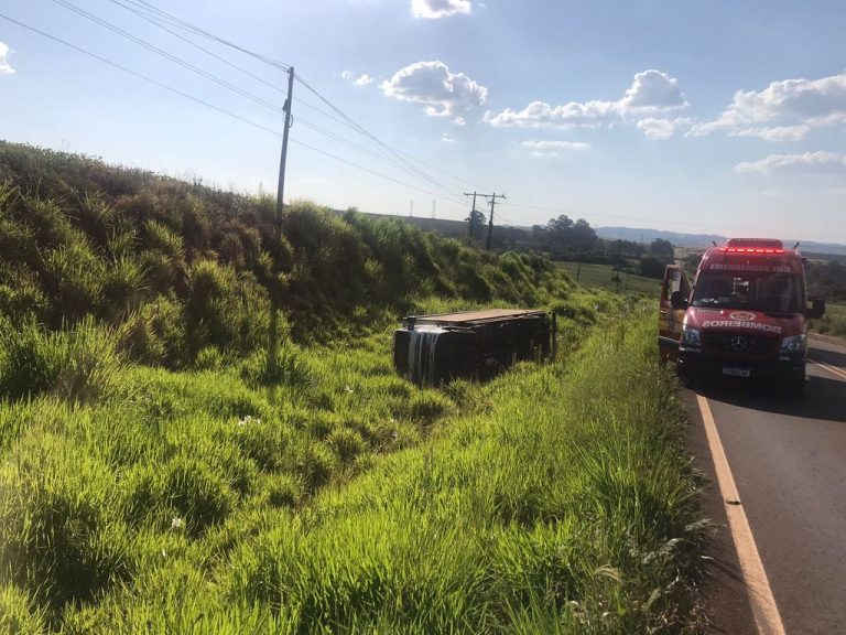 Caminhão com placas de município da região sai da pista e tomba na SC-480