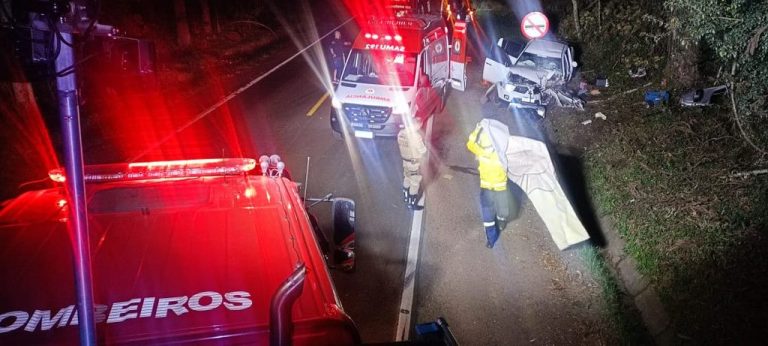 Motorista fica preso às ferragens após veículo colidir em árvore