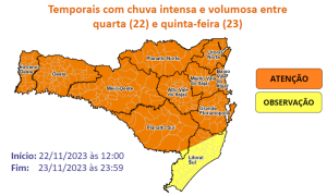 Oeste pode ter até 100 milímetros de chuva entre quarta e quinta, alerta Defesa Civil