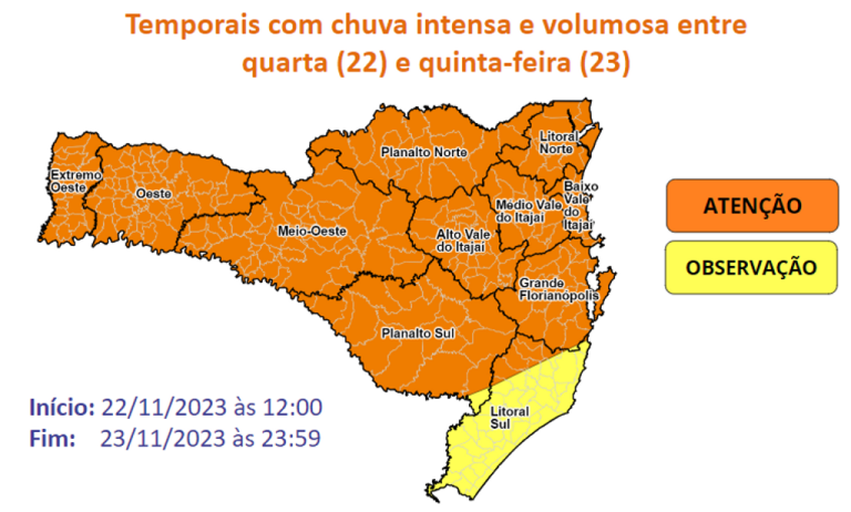 Oeste pode ter até 100 milímetros de chuva entre quarta e quinta, alerta Defesa Civil