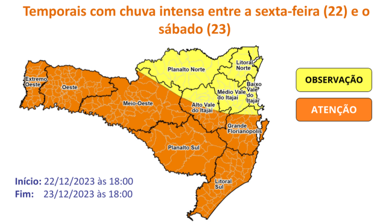 Temporais com chuvas intensas devem atingir parte de SC entre sexta e sábado