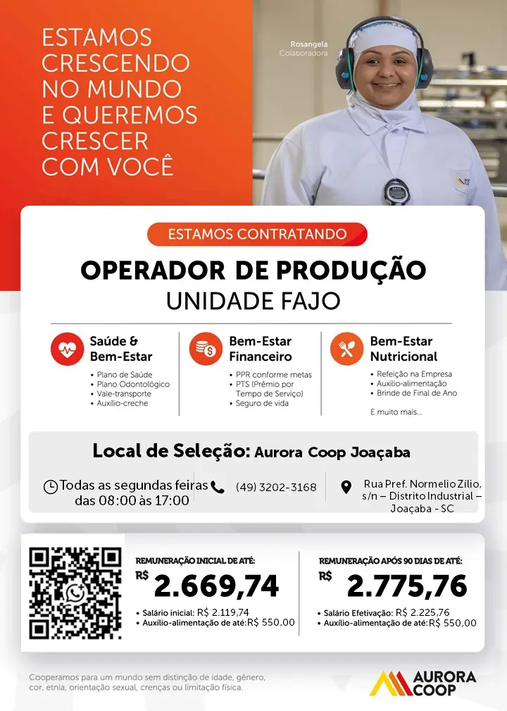 Cartaz da vaga de Operador de Produção da Aurora Coop, Unidade FAJO, em Joaçaba, com benefícios e remuneração